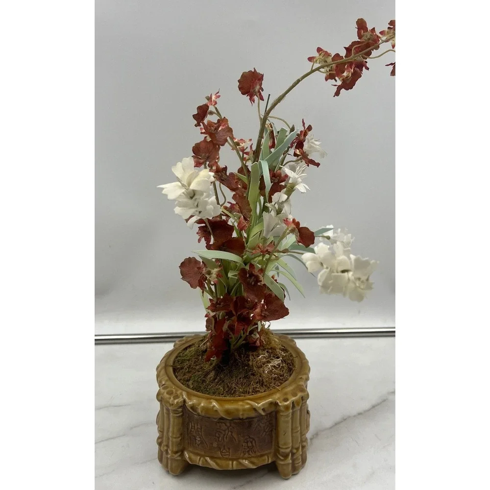 Vintage Faux Orchid Silk Flower Arrangement in Bamboo Style Ceramic Footed Pot